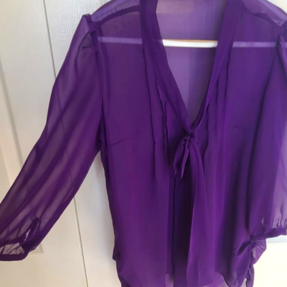 Dex Sheer Purple V-Neck Bow Front Blouse Size M - Picture 2 of 7
